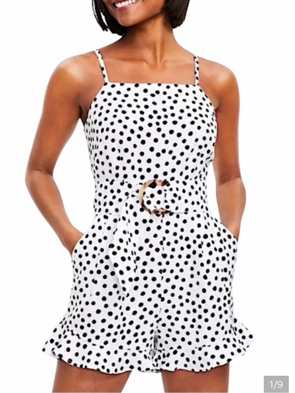 White Polka Dot Cami Romper with Tortoise Circle belt